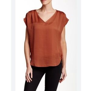 Valette Women's Rusty Red Orange Ruched Blouse Satin Lighweight  Size S T7